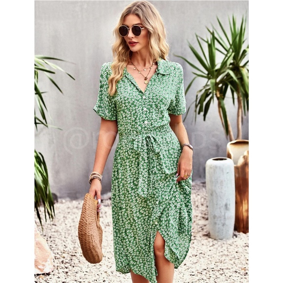 Green Floral Print Midi Dress Button Front V-Neck - Picture 11 of 16